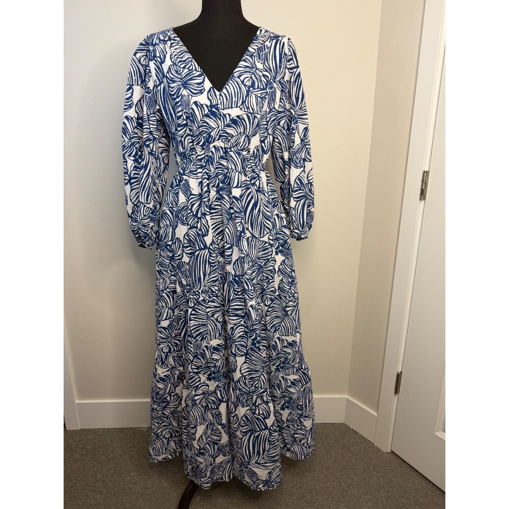 Lilly Pulitzer Blue White Deacon Palm Seersucker Tiered Maxi Dress V-Neck Sz 10
